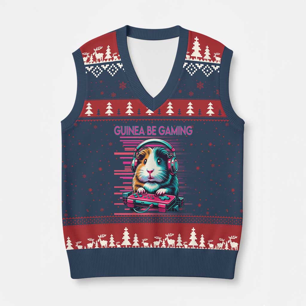 Funny Guinea Pig Video Game Player Gift V-Neck Knit Sweater Vest Guinea Be Gaming TS12 Navy Red Print Your Wear