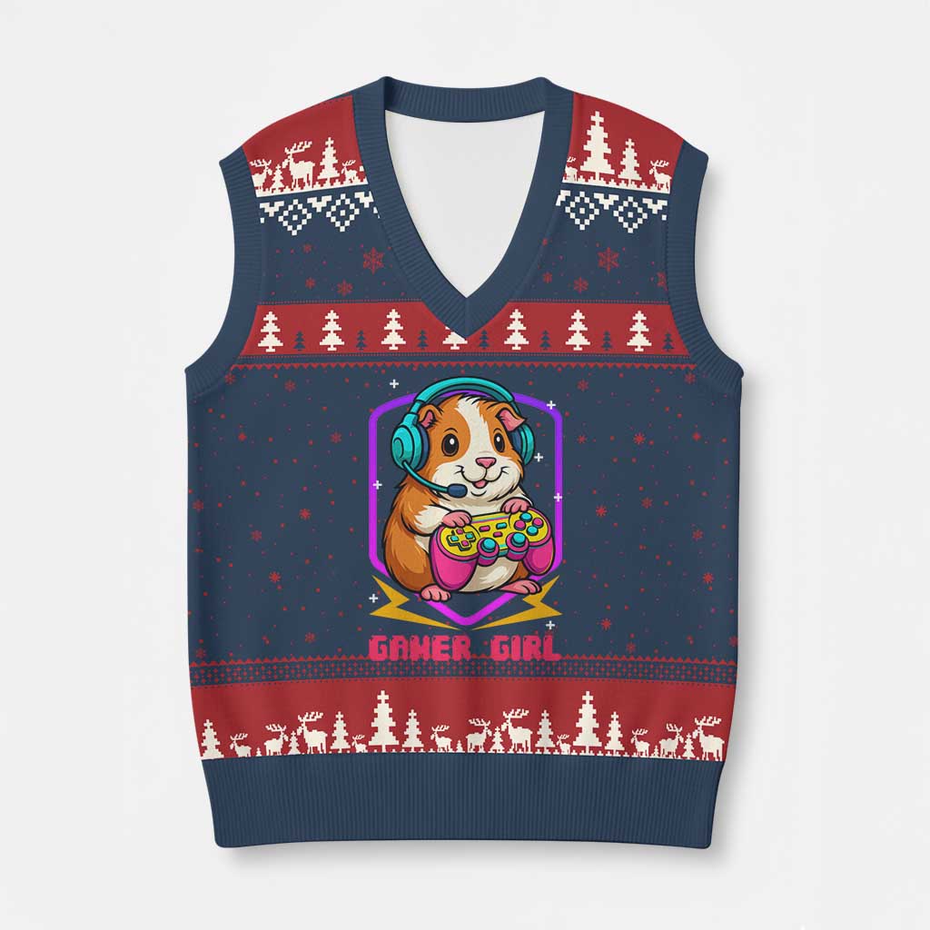 Guinea Pig Video Game Rodent Lover V-Neck Knit Sweater Vest Funny Gamers Girl Gift TS12 Navy Red Print Your Wear