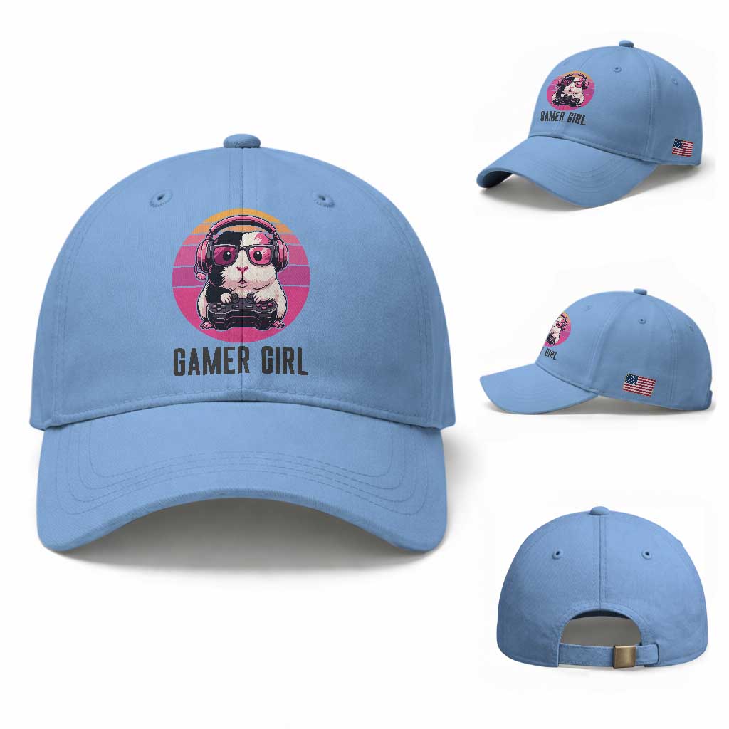 Funny Guinea Pig Video Game Rodent Lover Baseball Cap Gamers Girl Sunset Retro Gift TS12 Baseball Cap Universal Fit Light Blue Print Your Wear