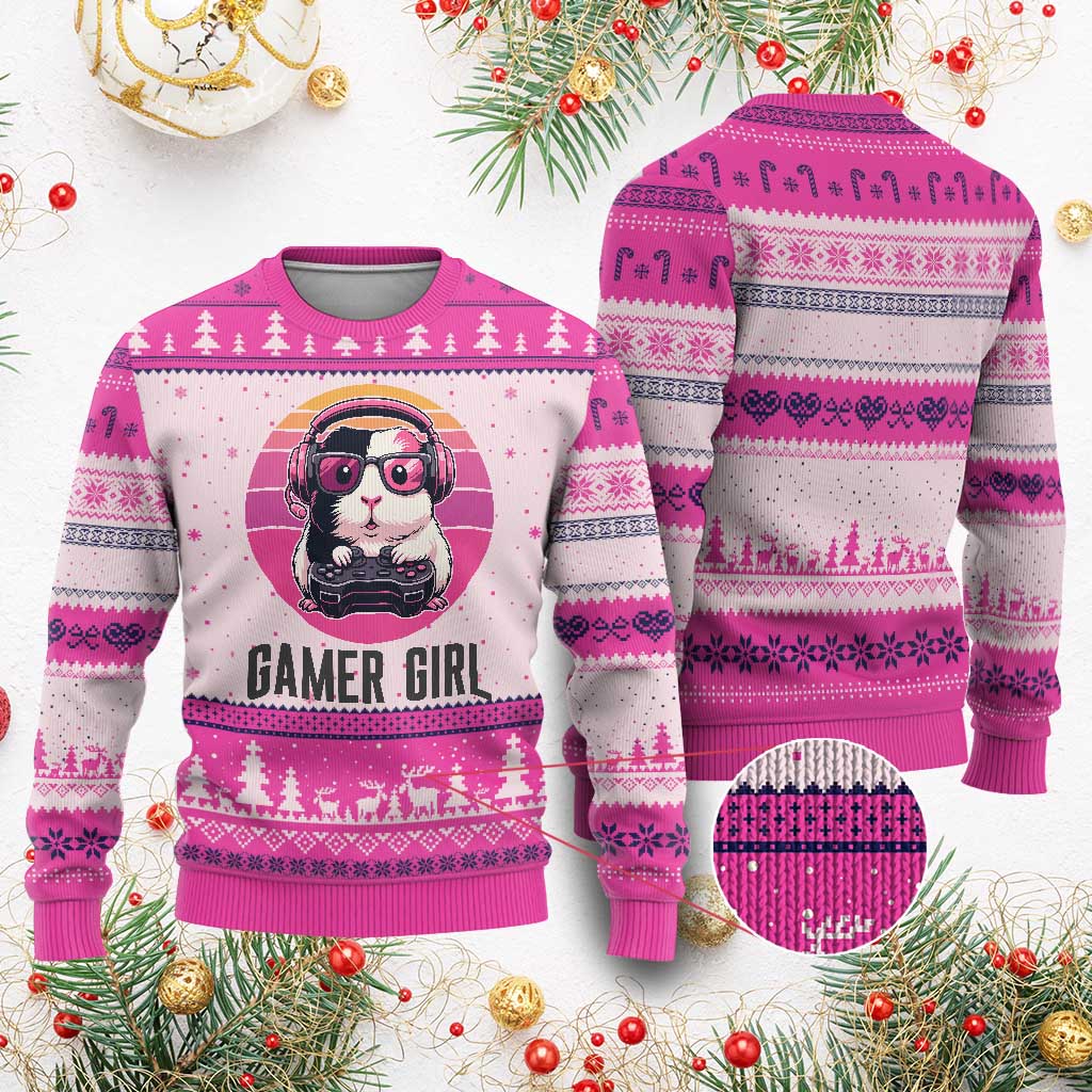 Funny Guinea Pig Video Game Rodent Lover Ugly Christmas Sweater Gamers Girl Sunset Retro Gift TS12 Hot Pink Print Your Wear