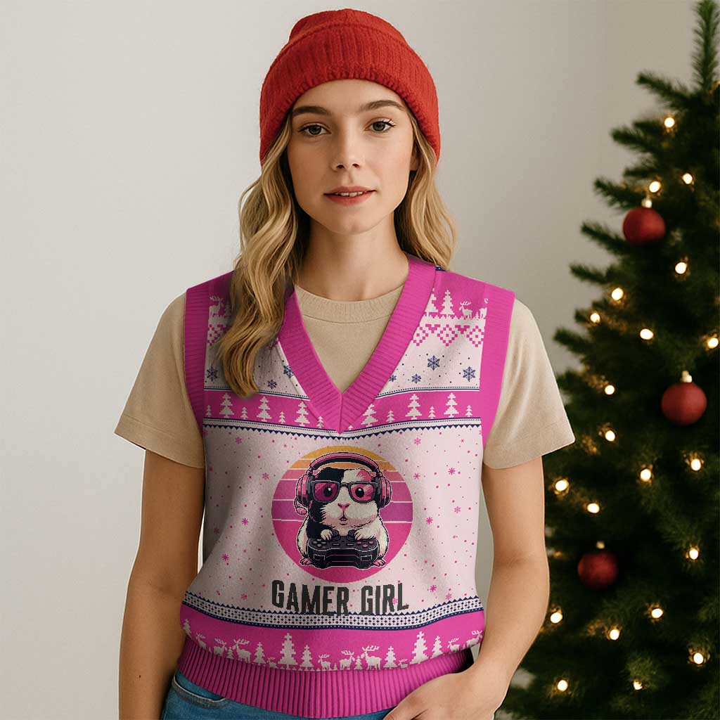 Funny Guinea Pig Video Game Rodent Lover V-Neck Knit Sweater Vest Gamers Girl Sunset Retro Gift TS12 Hot Pink Print Your Wear