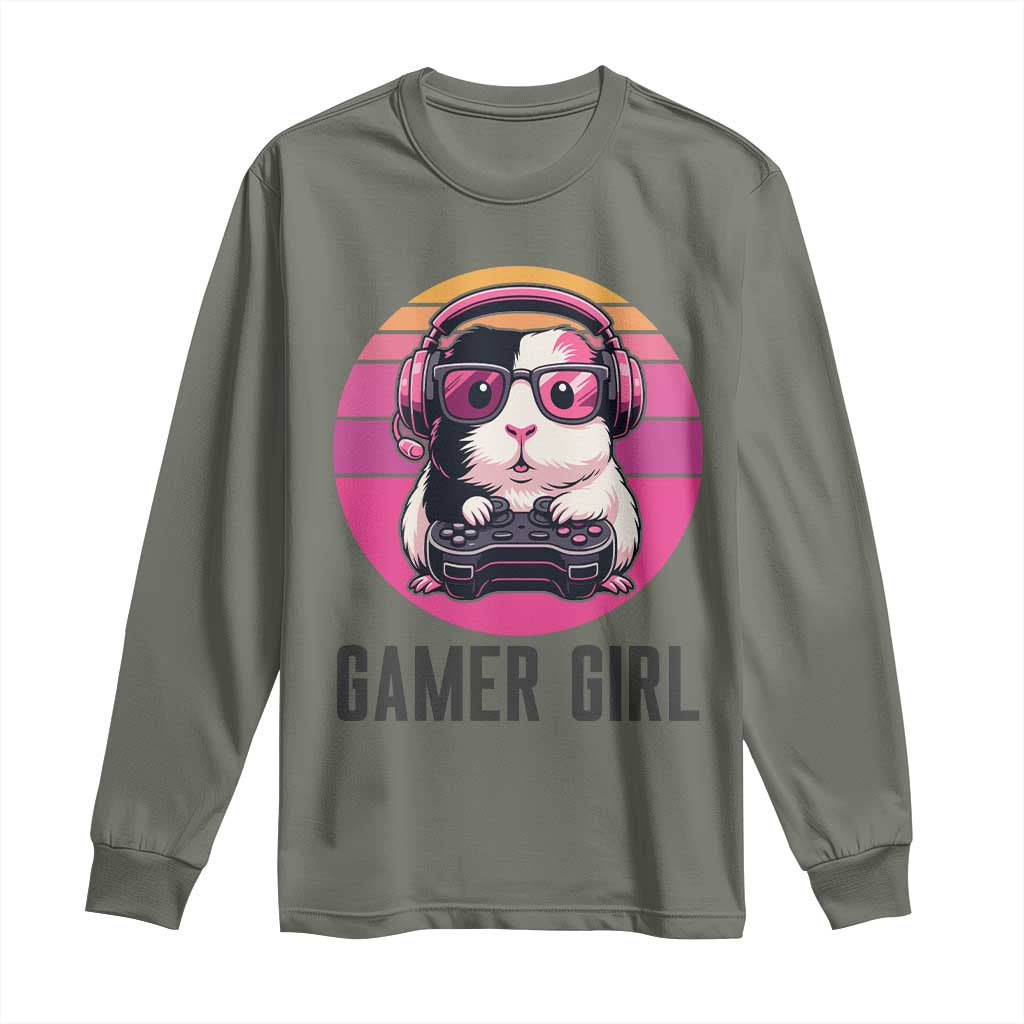 Funny Guinea Pig Video Game Rodent Lover Long Sleeve Shirt Gamers Girl Sunset Retro Gift TS12 Military Green Print Your Wear