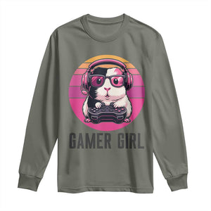 Funny Guinea Pig Video Game Rodent Lover Long Sleeve Shirt Gamers Girl Sunset Retro Gift TS12 Military Green Print Your Wear