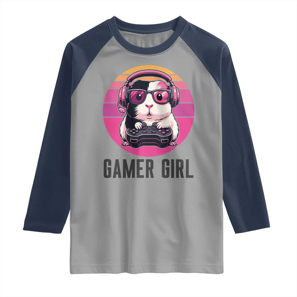 Funny Guinea Pig Video Game Rodent Lover Raglan Shirt Gamers Girl Sunset Retro Gift TS12 Sport Gray Navy Print Your Wear