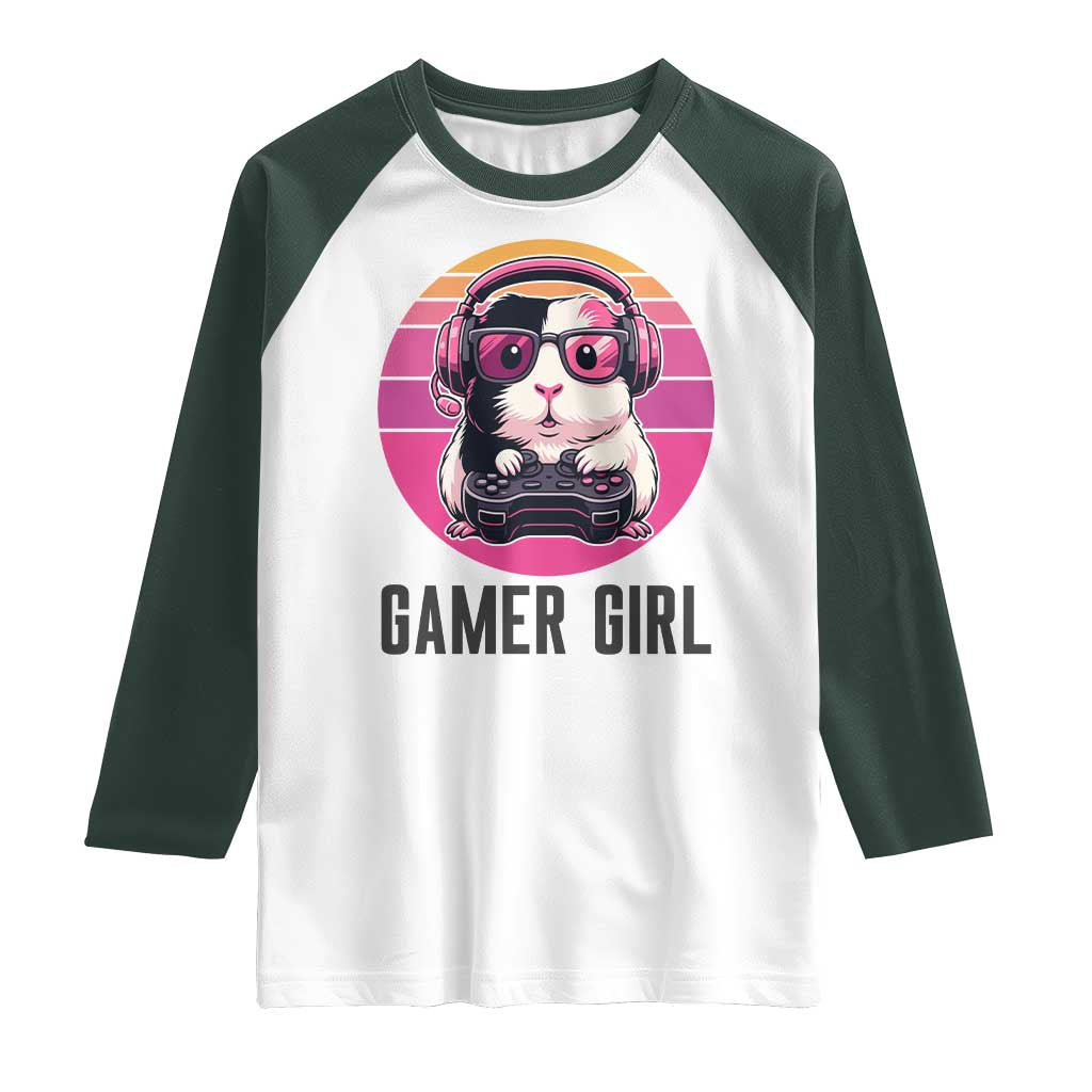Funny Guinea Pig Video Game Rodent Lover Raglan Shirt Gamers Girl Sunset Retro Gift TS12 White Dark Forest Green Print Your Wear