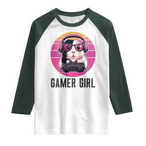 Funny Guinea Pig Video Game Rodent Lover Raglan Shirt Gamers Girl Sunset Retro Gift TS12 White Dark Forest Green Print Your Wear