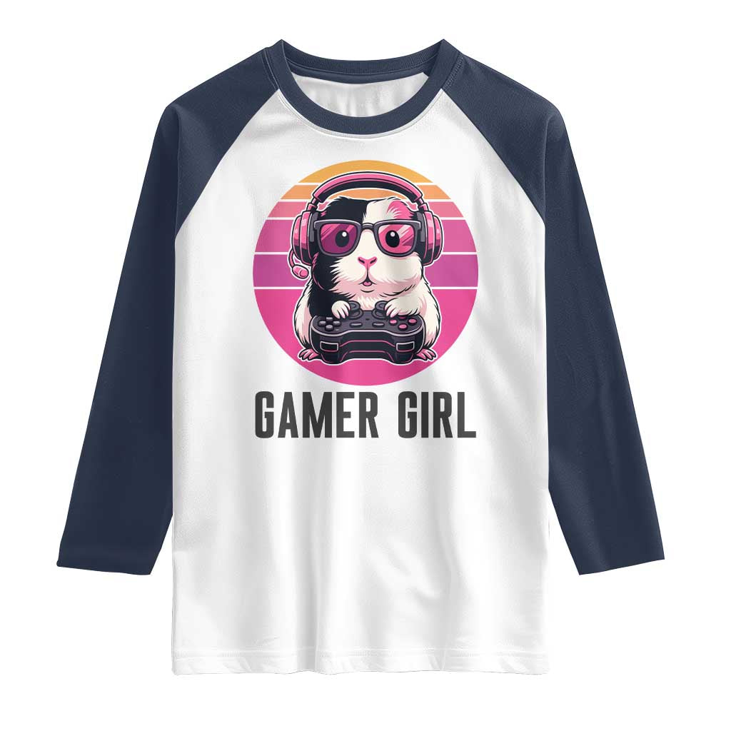 Funny Guinea Pig Video Game Rodent Lover Raglan Shirt Gamers Girl Sunset Retro Gift TS12 White Navy Print Your Wear
