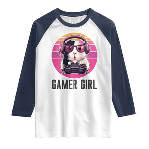 Funny Guinea Pig Video Game Rodent Lover Raglan Shirt Gamers Girl Sunset Retro Gift TS12 White Navy Print Your Wear