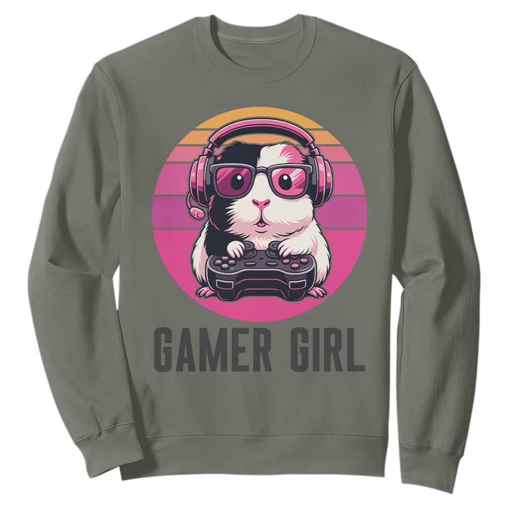 Funny Guinea Pig Video Game Rodent Lover Sweatshirt Gamers Girl Sunset Retro Gift TS12 Military Green Print Your Wear