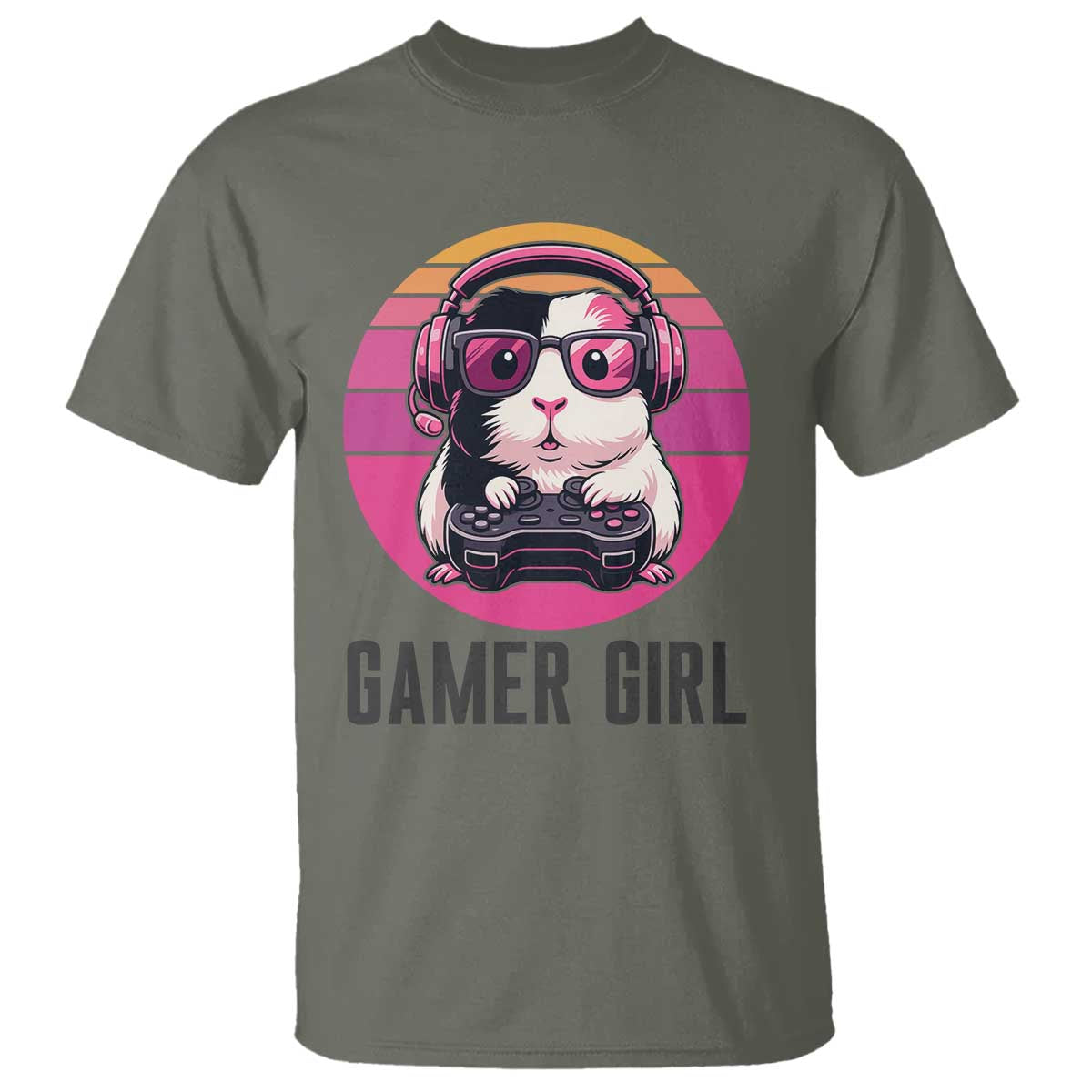 Funny Guinea Pig Video Game Rodent Lover T Shirt Gamers Girl Sunset Retro Gift TS12 Military Green Print Your Wear