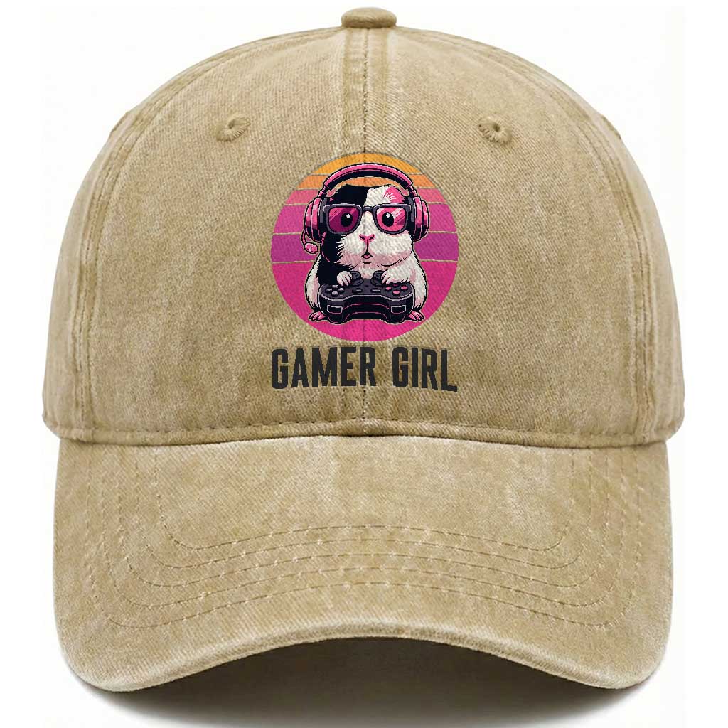 Funny Guinea Pig Video Game Rodent Lover Washed Cotton Baseball Cap Gamers Girl Sunset Retro Gift TS12 Print Your Wear