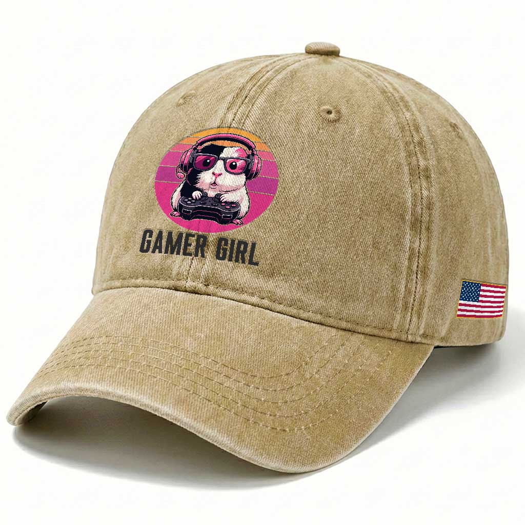 Funny Guinea Pig Video Game Rodent Lover Washed Cotton Baseball Cap Gamers Girl Sunset Retro Gift TS12 Print Your Wear