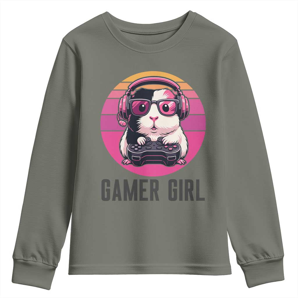 Funny Guinea Pig Video Game Rodent Lover Youth Sweatshirt Gamers Girl Sunset Retro Gift TS12 Military Green Print Your Wear