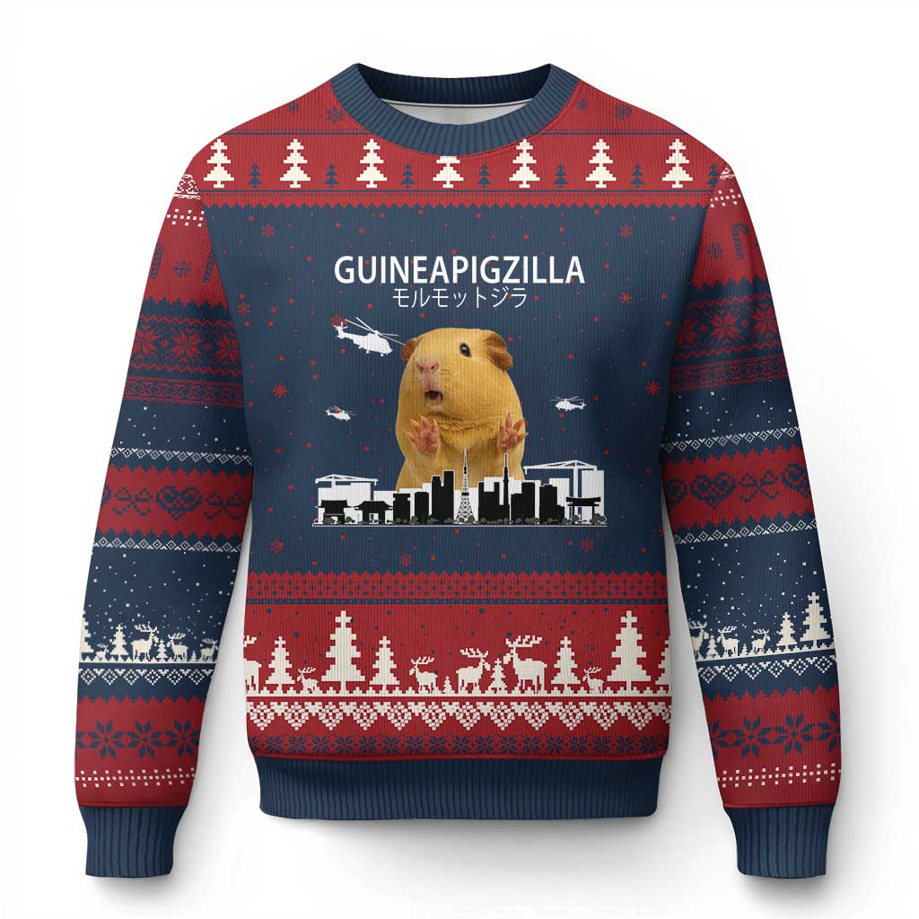 Funny Giant Guinea Pig Monster Roaring Tokyo Japan Ugly Christmas Sweater Guineapigzilla TS12 Navy Red Print Your Wear