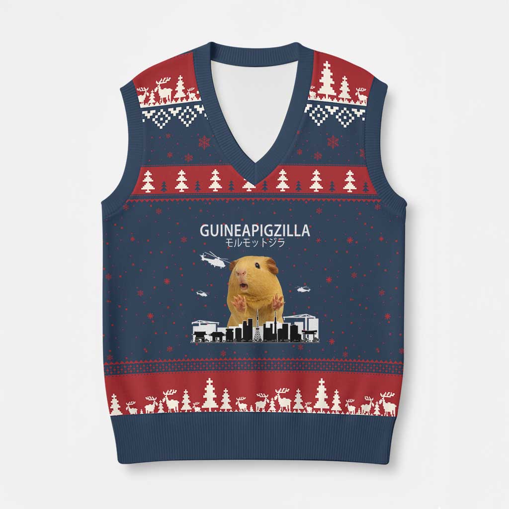 Funny Giant Guinea Pig Monster Roaring Tokyo Japan V-Neck Knit Sweater Vest Guineapigzilla TS12 Navy Red Print Your Wear