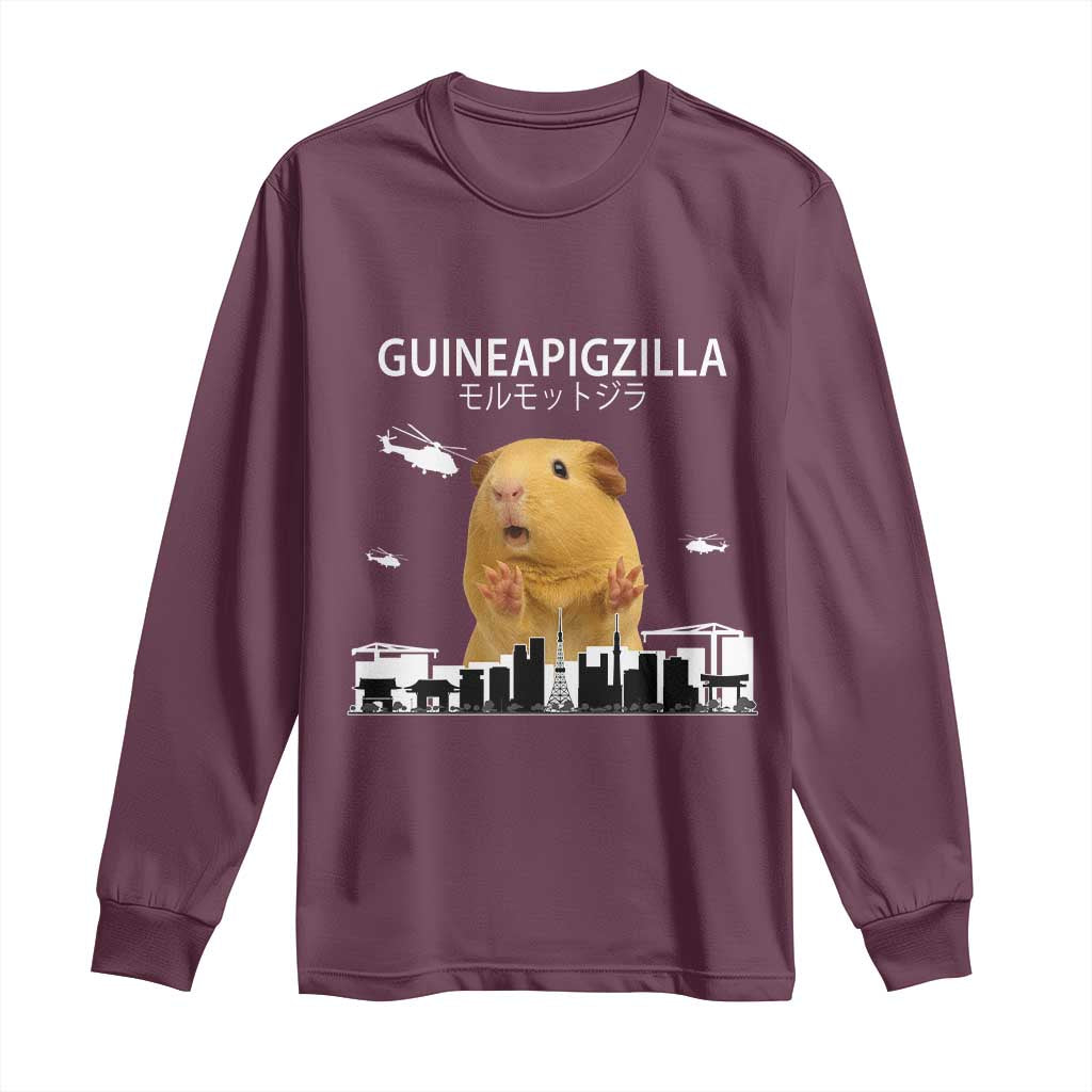Funny Giant Guinea Pig Monster Roaring Tokyo Japan Long Sleeve Shirt Guineapigzilla TS12 Maroon Print Your Wear