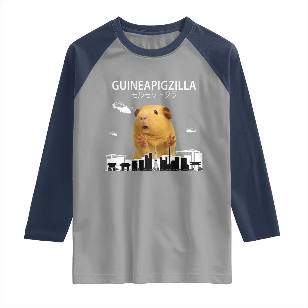 Funny Giant Guinea Pig Monster Roaring Tokyo Japan Raglan Shirt Guineapigzilla TS12 Sport Gray Navy Print Your Wear