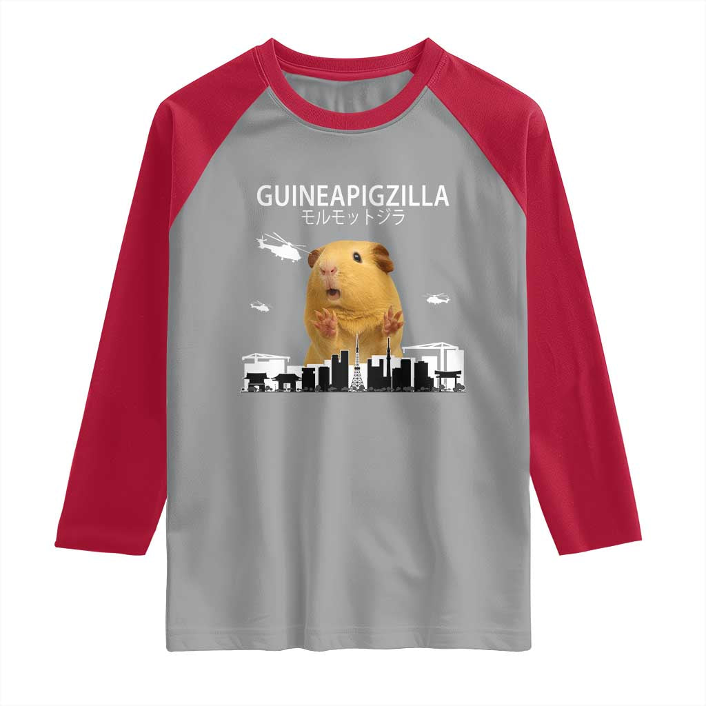 Funny Giant Guinea Pig Monster Roaring Tokyo Japan Raglan Shirt Guineapigzilla TS12 Sport Gray Red Print Your Wear