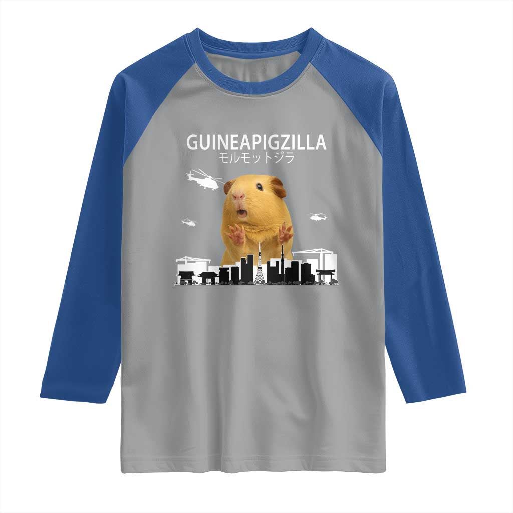 Funny Giant Guinea Pig Monster Roaring Tokyo Japan Raglan Shirt Guineapigzilla TS12 Sport Gray Royal Print Your Wear