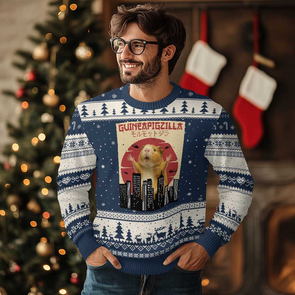 Guineapigzilla Giant Ugly Christmas Sweater Funny Guinea Pig Monster Tokyo Japan Gift TS12 Navy Beige Print Your Wear