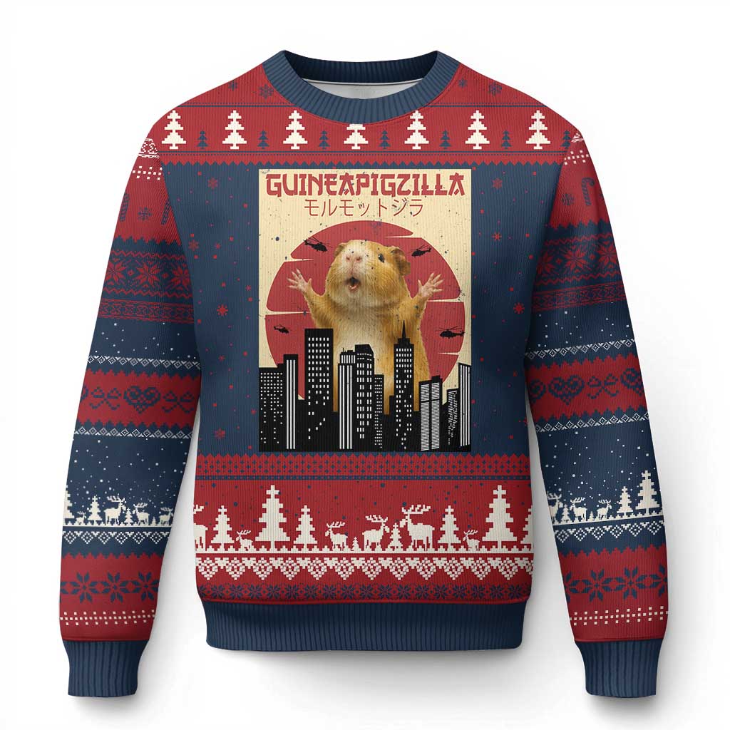 Guineapigzilla Giant Ugly Christmas Sweater Funny Guinea Pig Monster Tokyo Japan Gift TS12 Navy Red Print Your Wear