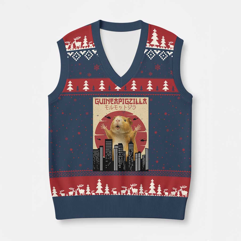 Guineapigzilla Giant V-Neck Knit Sweater Vest Funny Guinea Pig Monster Tokyo Japan Gift TS12 Navy Red Print Your Wear