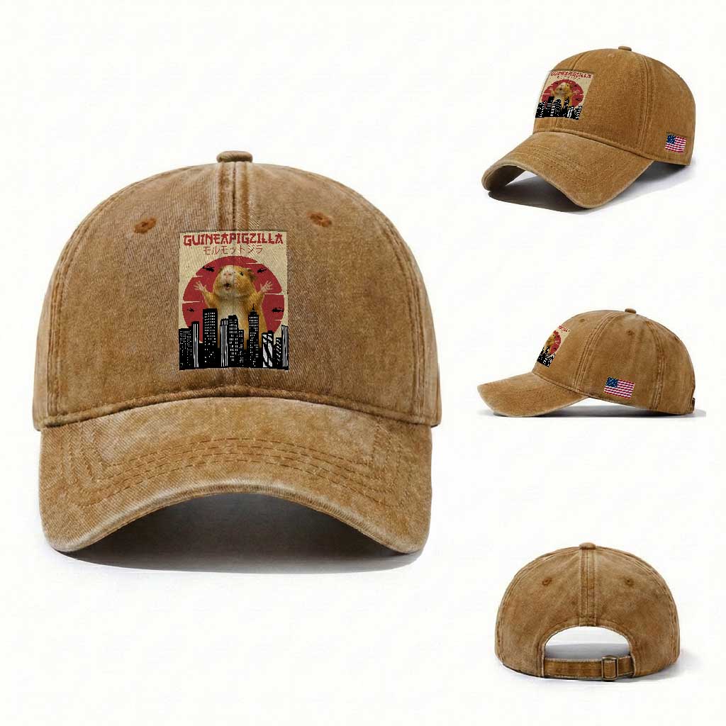 Guineapigzilla Giant Washed Cotton Baseball Cap Funny Guinea Pig Monster Tokyo Japan Gift TS12 Washed Cap Universal Fit Yellow Ochre Print Your Wear