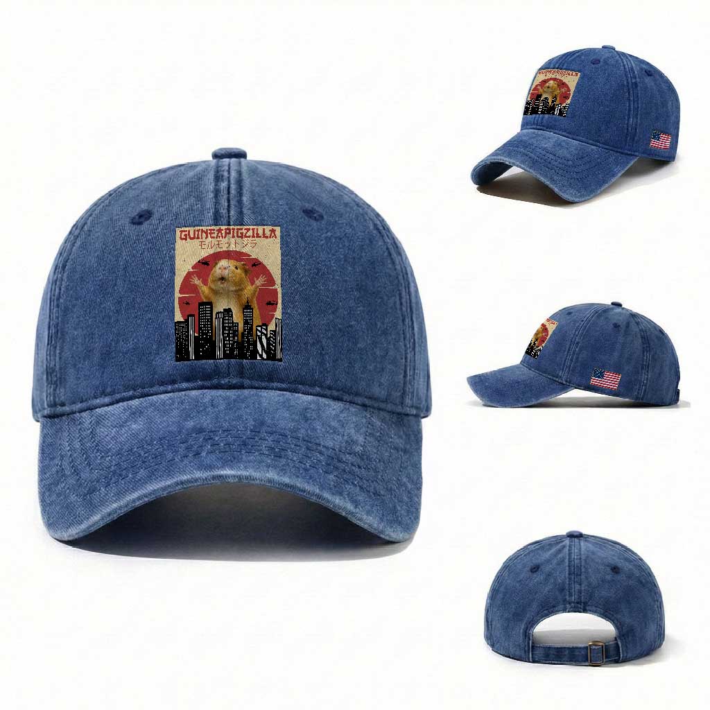 Guineapigzilla Giant Washed Cotton Baseball Cap Funny Guinea Pig Monster Tokyo Japan Gift TS12 Washed Cap Universal Fit Royal Blue Print Your Wear