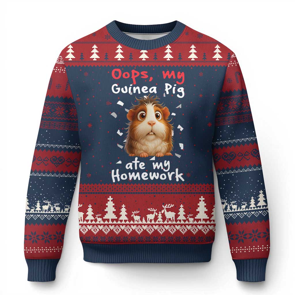 Oops My Guinea Pig Ate My Homework Ugly Christmas Sweater Funny Cavy Lover Gift TS12 Navy Red Print Your Wear