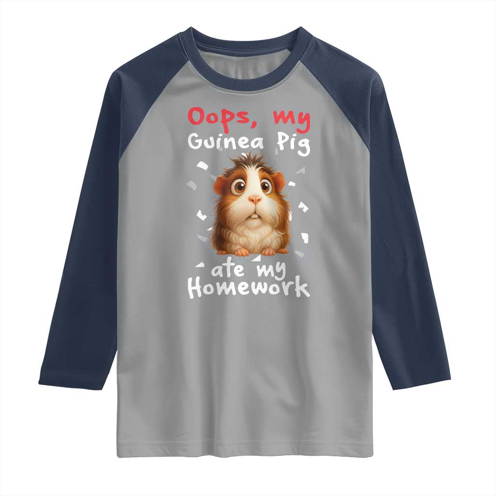 Oops My Guinea Pig Ate My Homework Raglan Shirt Funny Cavy Lover Gift TS12 Sport Gray Navy Print Your Wear