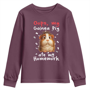 Oops My Guinea Pig Ate My Homework Youth Sweatshirt Funny Cavy Lover Gift TS12 Maroon Print Your Wear