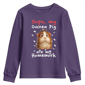 Oops My Guinea Pig Ate My Homework Youth Sweatshirt Funny Cavy Lover Gift TS12 Purple Print Your Wear