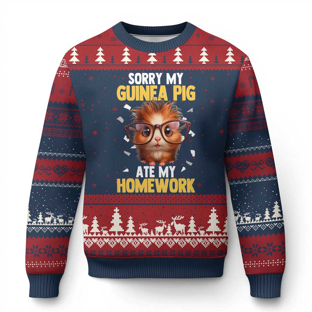 Funny My Guinea Pig Ate My Homework Ugly Christmas Sweater Gift For Rodent Lovers TS12 Navy Red Print Your Wear
