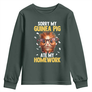 Funny My Guinea Pig Ate My Homework Youth Sweatshirt Gift For Rodent Lovers TS12 Dark Forest Green Print Your Wear