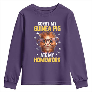 Funny My Guinea Pig Ate My Homework Youth Sweatshirt Gift For Rodent Lovers TS12 Purple Print Your Wear