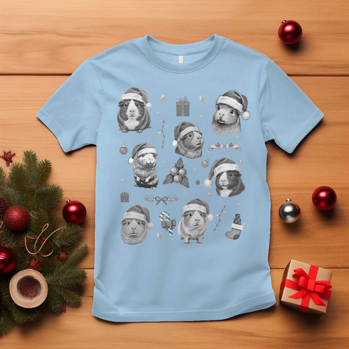 Christmas Guinea Pigs T Shirt Funny Cavy Lover Holiday Gift TS12 Light Blue Print Your Wear