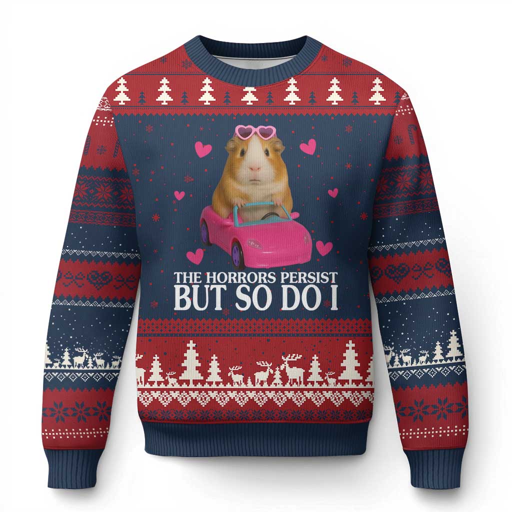 Funny Guinea Pig Lover Gift Ugly Christmas Sweater The Horrors Persist But So Do I TS12 Navy Red Print Your Wear