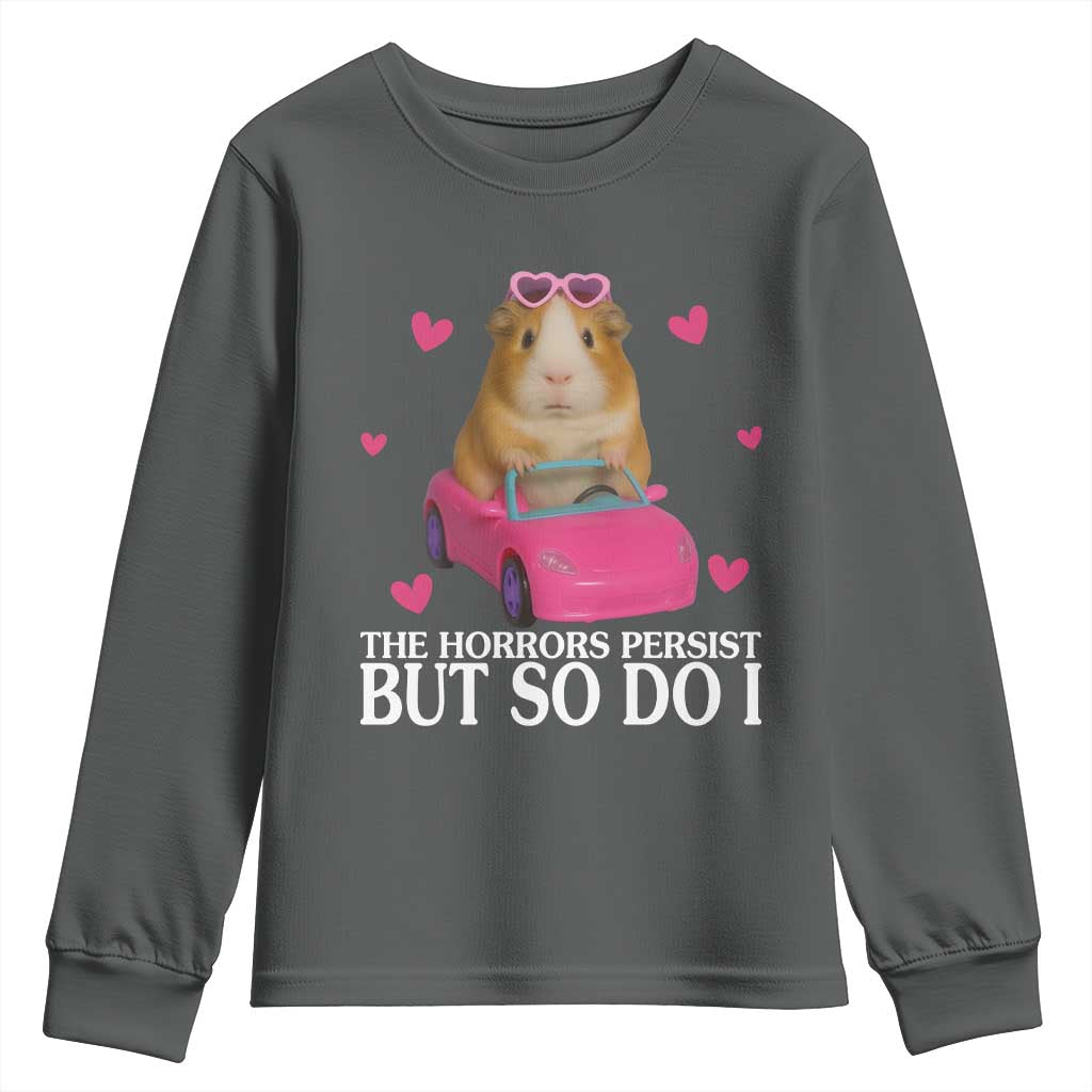 Funny Guinea Pig Lover Gift Youth Sweatshirt The Horrors Persist But So Do I TS12 Dark Heather Print Your Wear
