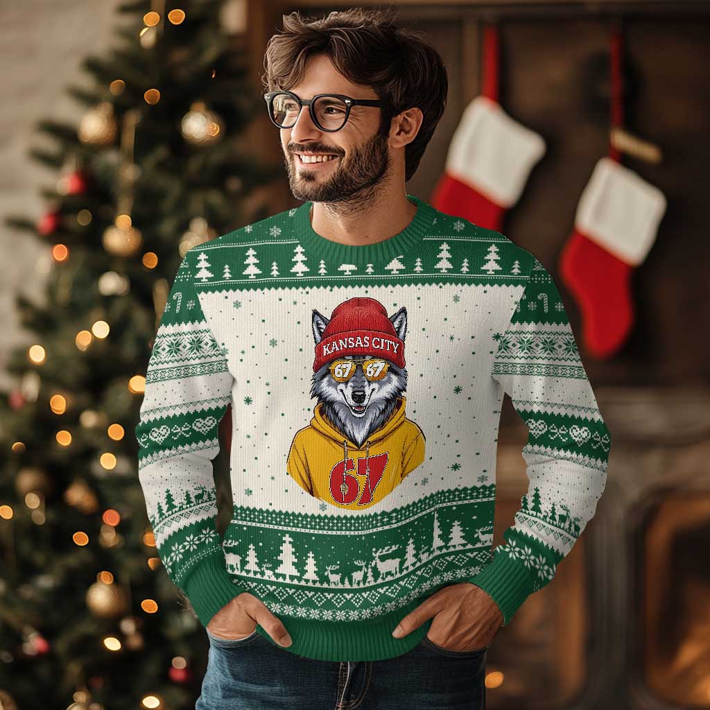 Six Seven Meme Wolf Football Fan Ugly Christmas Sweater Gen Alpha Slang Gift TS12 Beige Green Print Your Wear