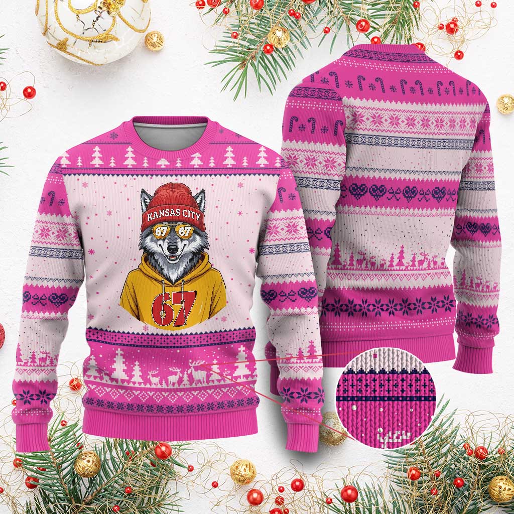 Six Seven Meme Wolf Football Fan Ugly Christmas Sweater Gen Alpha Slang Gift TS12 Hot Pink Print Your Wear