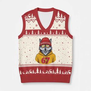 Six Seven Meme Wolf Football Fan V-Neck Knit Sweater Vest Gen Alpha Slang Gift TS12 Beige Red Print Your Wear