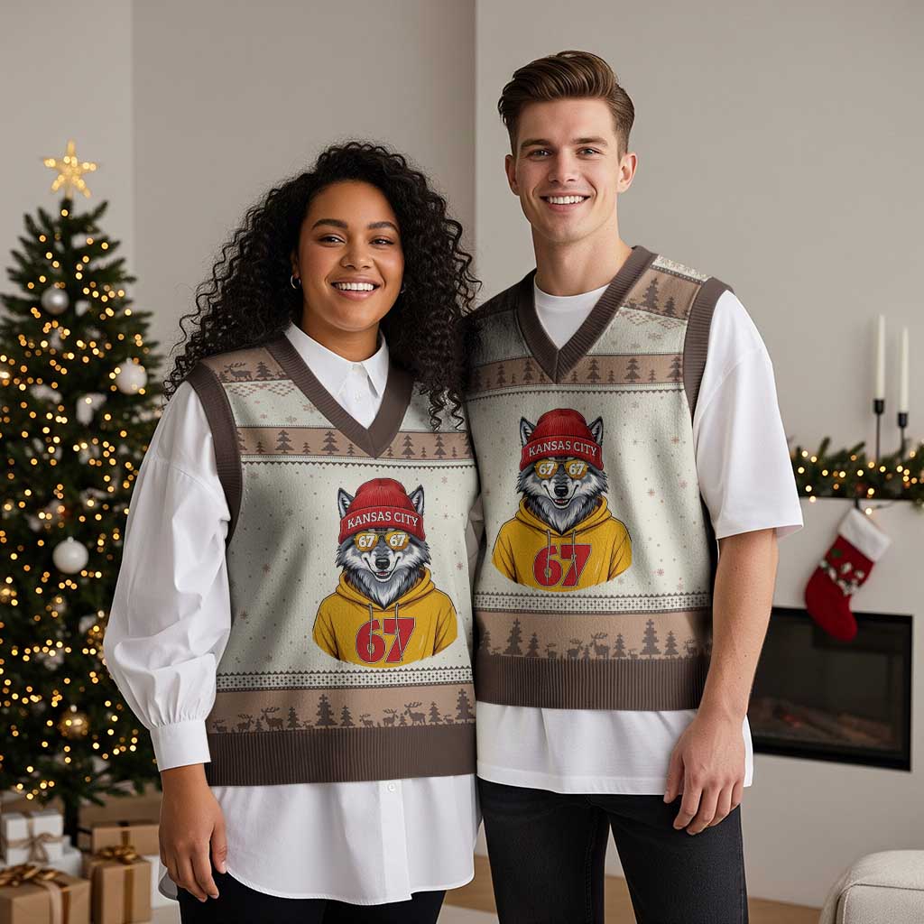 Six Seven Meme Wolf Football Fan V-Neck Knit Sweater Vest Gen Alpha Slang Gift TS12 Mocha Mousse Print Your Wear