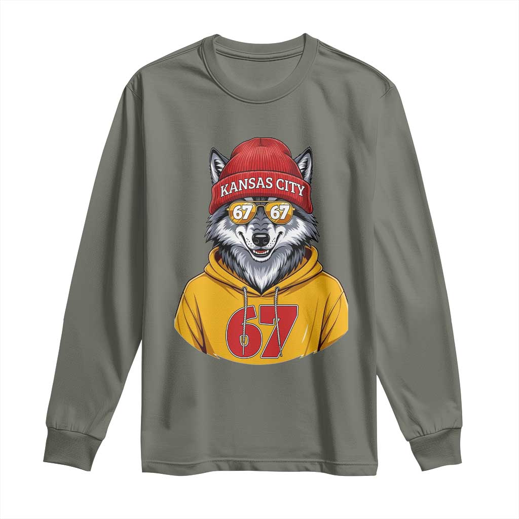 Six Seven Meme Wolf Football Fan Long Sleeve Shirt Gen Alpha Slang Gift TS12 Military Green Print Your Wear