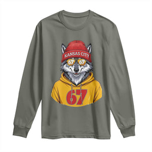 Six Seven Meme Wolf Football Fan Long Sleeve Shirt Gen Alpha Slang Gift TS12 Military Green Print Your Wear