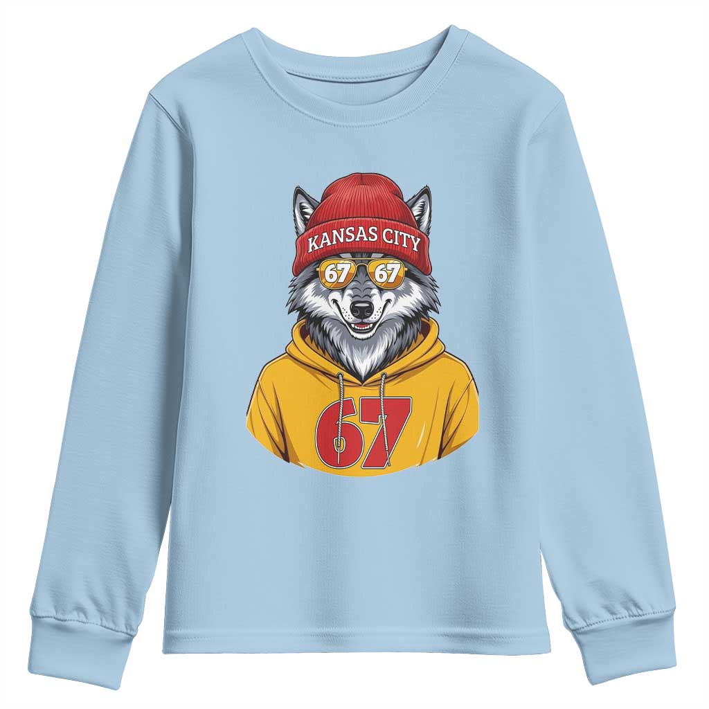 Six Seven Meme Wolf Football Fan Youth Sweatshirt Gen Alpha Slang Gift TS12 Light Blue Print Your Wear