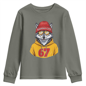 Six Seven Meme Wolf Football Fan Youth Sweatshirt Gen Alpha Slang Gift TS12 Military Green Print Your Wear