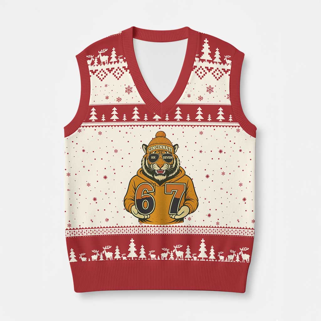 Six Seven Meme Tiger Football Fan V-Neck Knit Sweater Vest Gen Alpha Slang Gift TS12 Beige Red Print Your Wear