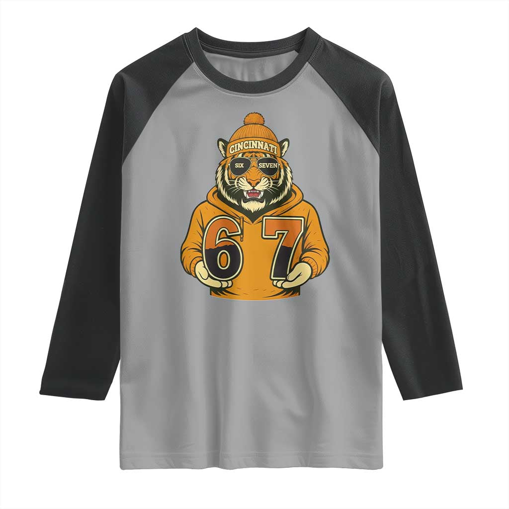 Six Seven Meme Tiger Football Fan Raglan Shirt Gen Alpha Slang Gift TS12 Sport Gray Black Print Your Wear