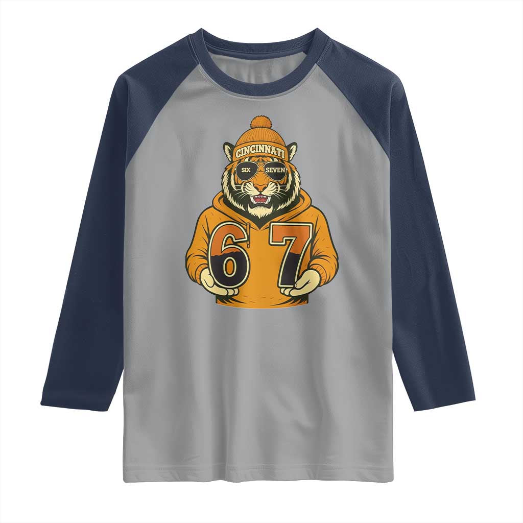 Six Seven Meme Tiger Football Fan Raglan Shirt Gen Alpha Slang Gift TS12 Sport Gray Navy Print Your Wear