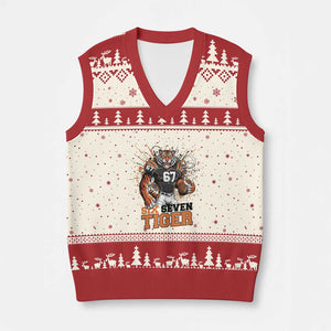 Six Seven Meme Tiger Football V-Neck Knit Sweater Vest Funny Gen Z Alpha Gift TS12 Beige Red Print Your Wear